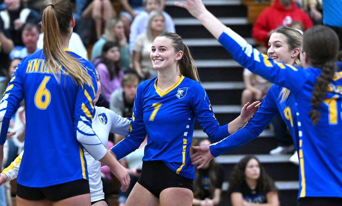 Ripon Christian’s Jordan Vander Veen (7) celebrates a point with teammates during the Sac-Joaquin Section Division IV championship match with Ripon at Modesto Junior College in Modesto, Calif., Saturday, Nov. 4, 2023.