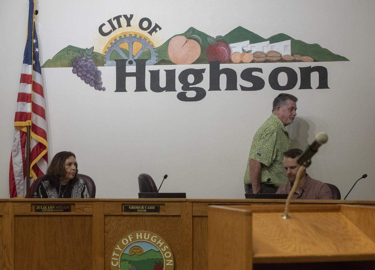 Hughson Mayor George Carr walks away from the dais after recusing himself from agenda items related to his censure during a Hughson City Council meeting Tuesday, May 26, 2026.