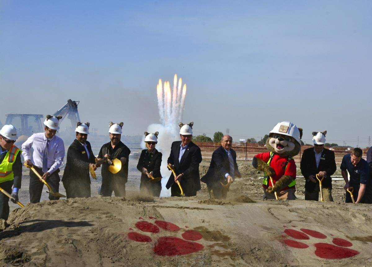 The groundbreaking ceremony for the Great Wolf Lodge in Manteca, Calif. was held Nov. 8, 2018. Fireworks go off as Great Wolf Resort and City of Manteca officials take the first ceremonial shovel of dirt to start construction. 