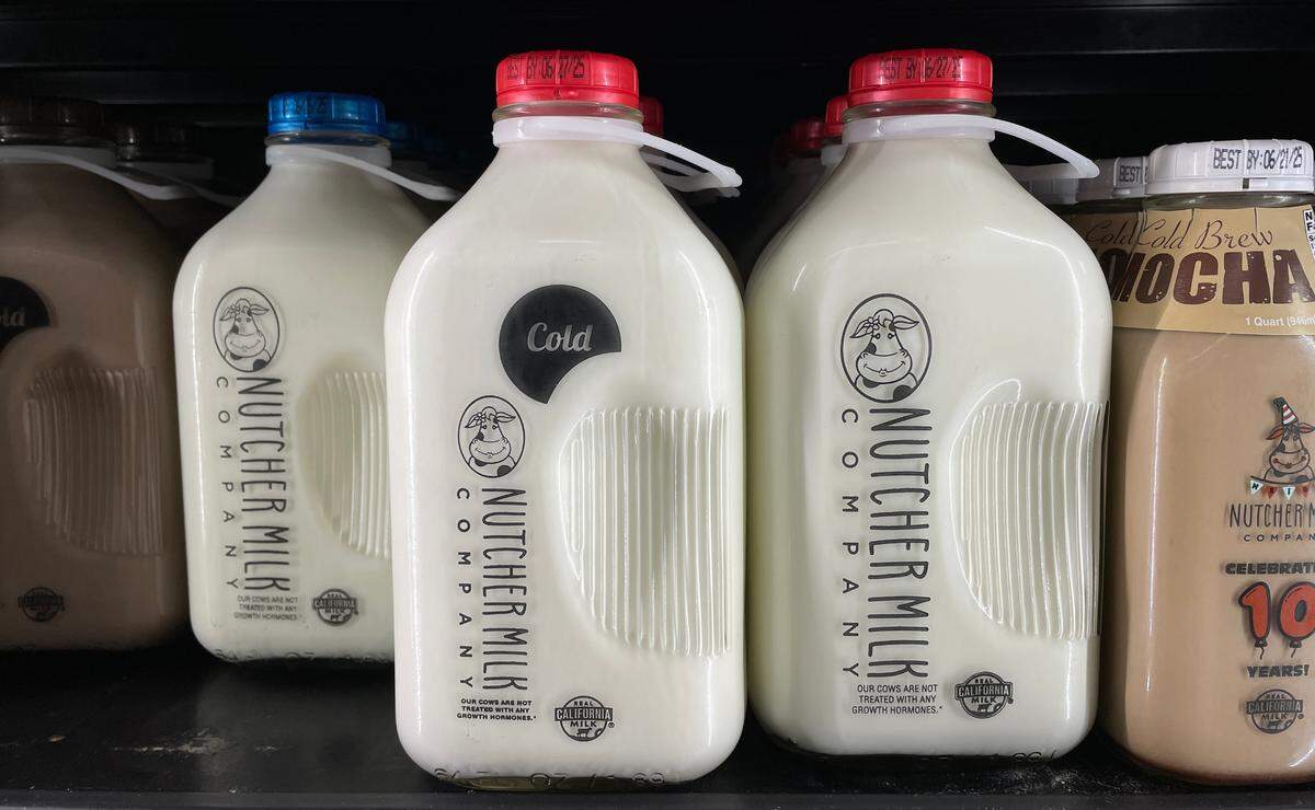 Nutcher milk is sold in returnable glass bottles. 