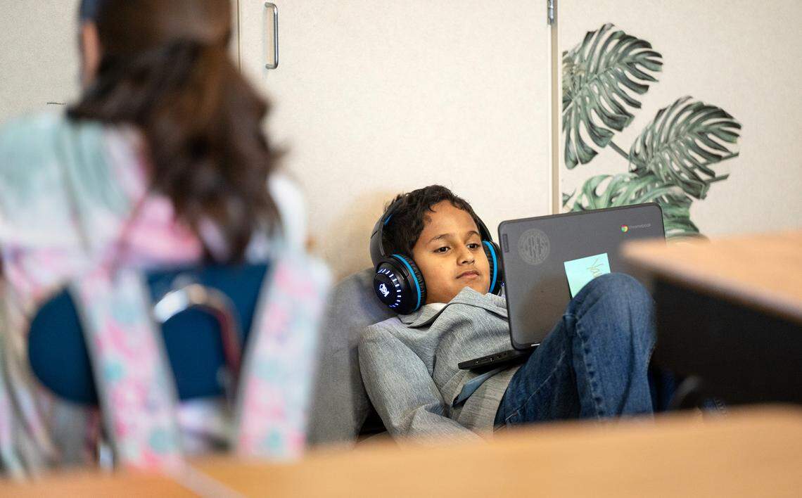 Fourthgrader Yahia Shuaibi works on an independent reading project at Walter White Elementary School in Ceres, Calif., Wednesday, Dec. 14, 2022.