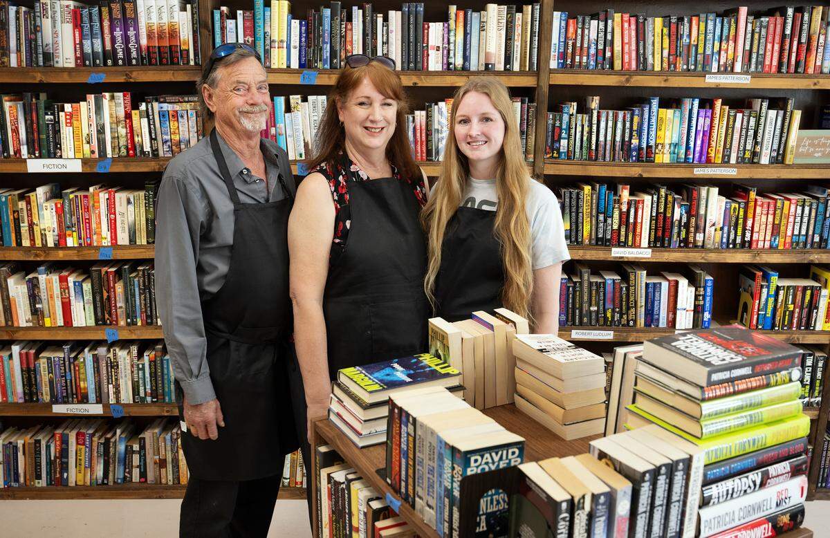 BK Bookstore & More owners from the left, Keith and Brandy Meyer with daughter Kendall in Ceres, Tuesday, Aug. 5, 2025.