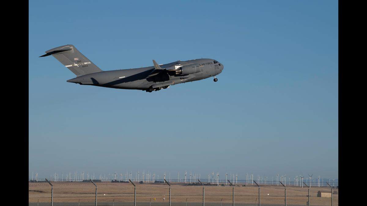 Three C-17 Globemaster III aircraft from Travis Air Force Base flew over the Modesto area on April 28, 2022. This U.S. Air Force photo shows a C-17 Globemaster III taking off from a runway at Travis Air Force Base in May 2020.