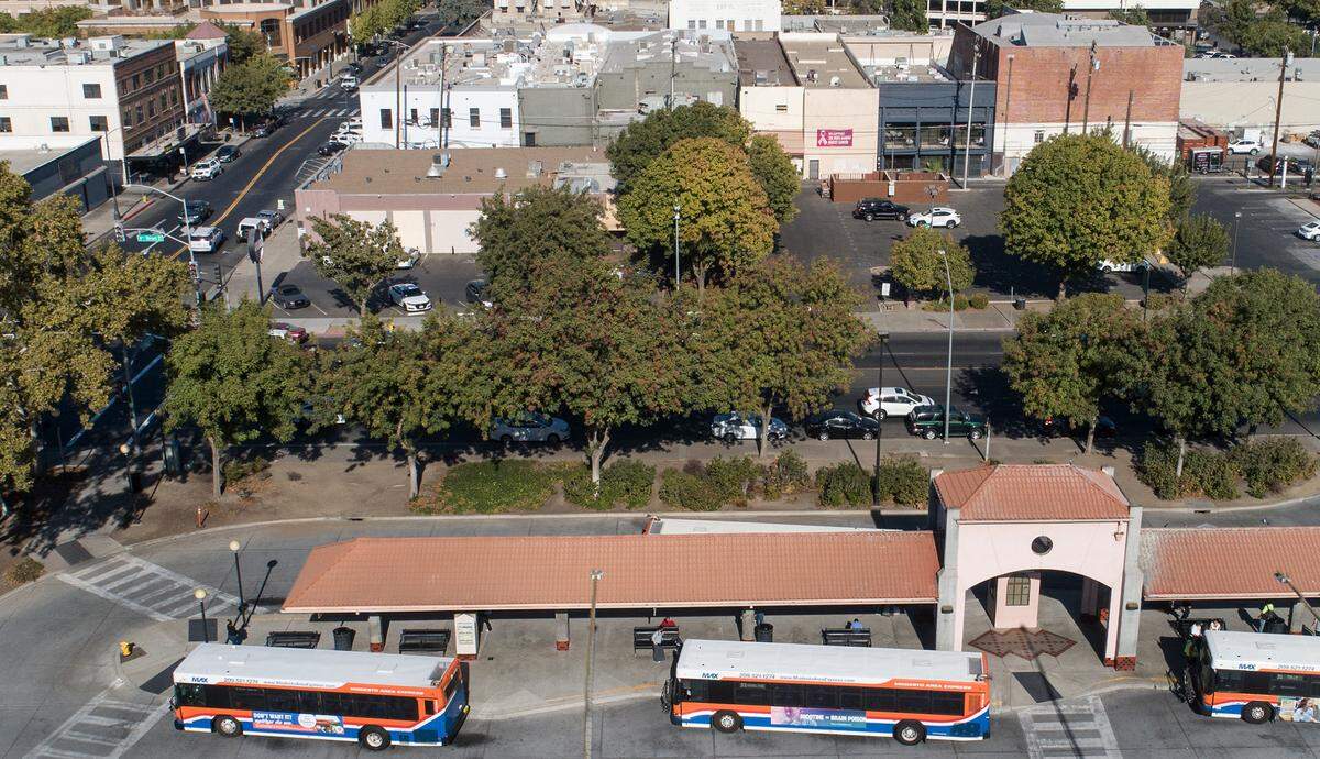 Modesto Transportation Center and 9th & J Streets in Modesto, Calif., on Wednesday Oct. 21, 2020. A new Starbucks coffee shop is coming to downtown Modesto CA on 9th & J streets. The chain will open summer 2021 in the former Skewers Kabob restaurant location seen here in October before the building was demolished.