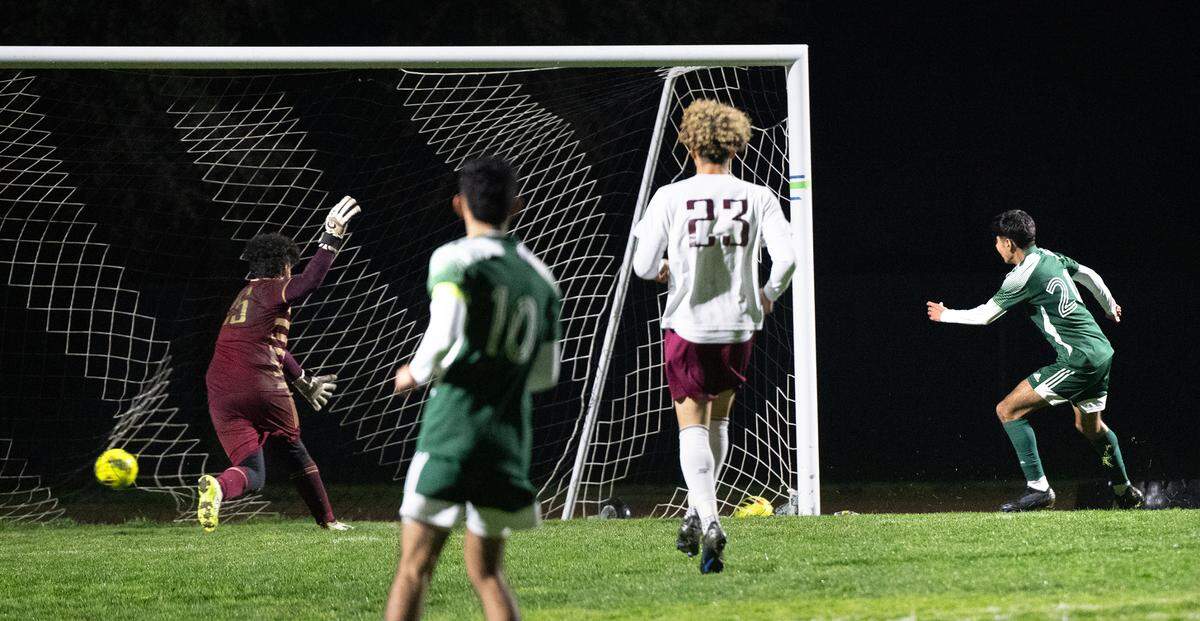 Central Valley’s Alejandro Garcia scores the first goal of the game during the Central California Conference game with Golden Valley at Central Valley High School in Ceres, Calif., Tuesday, Jan. 16, 2024.