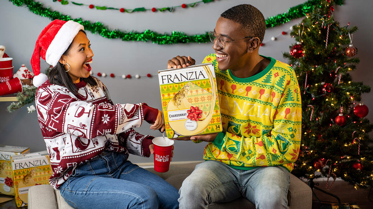 Franzia Wines, based near Ripon CA, announced sales of Christmas sweaters with a boxed wine theme on Nov. 1, 2022.