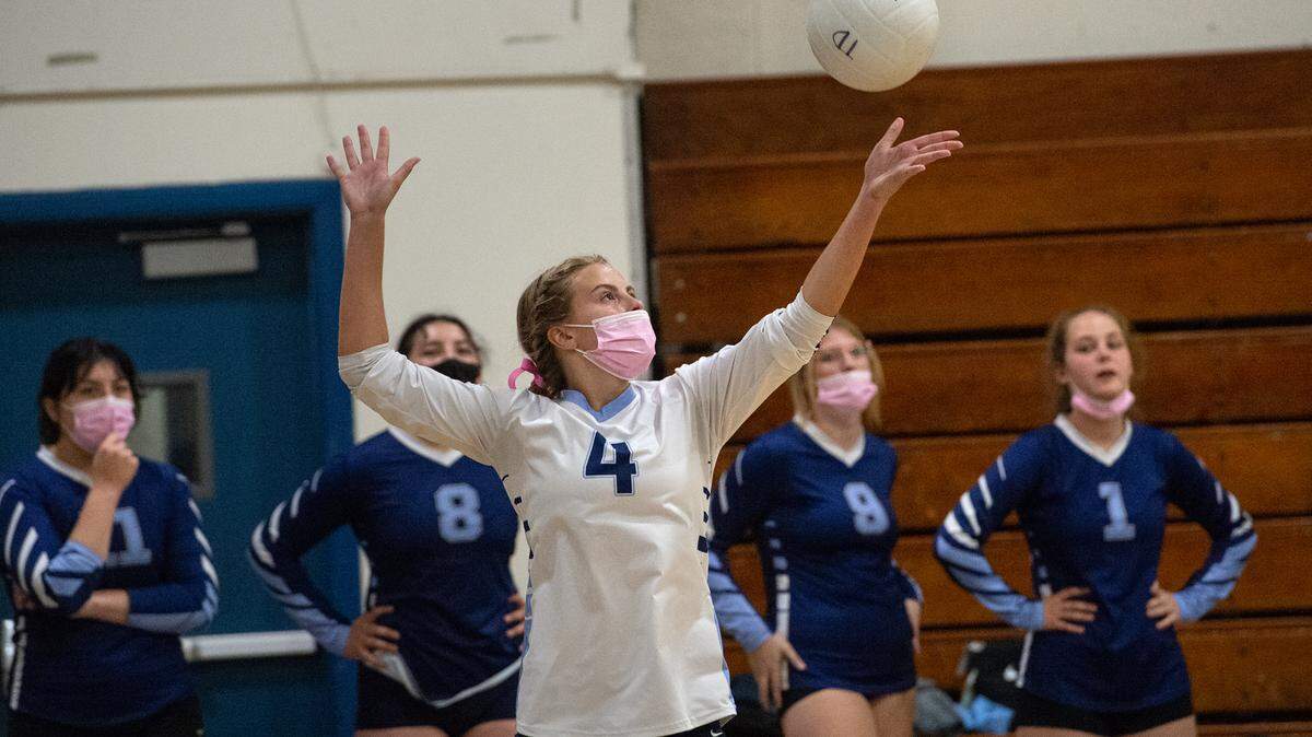 Downey’s Sarah Browning serves the ball during the Central California Athletic League match with Gregori in Modesto, Calif., on Thursday, Oct. 14, 2021. Downey won the match 3-2.