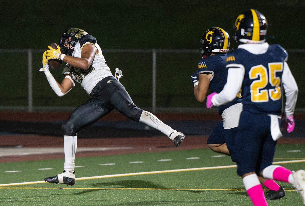 Enochs’ Kaedon Kopp makes a catch for a touchdown during the Central California Athletic League game with Gregori at Gregori High School in Modesto, Calif., Friday, Oct. 6, 2023.