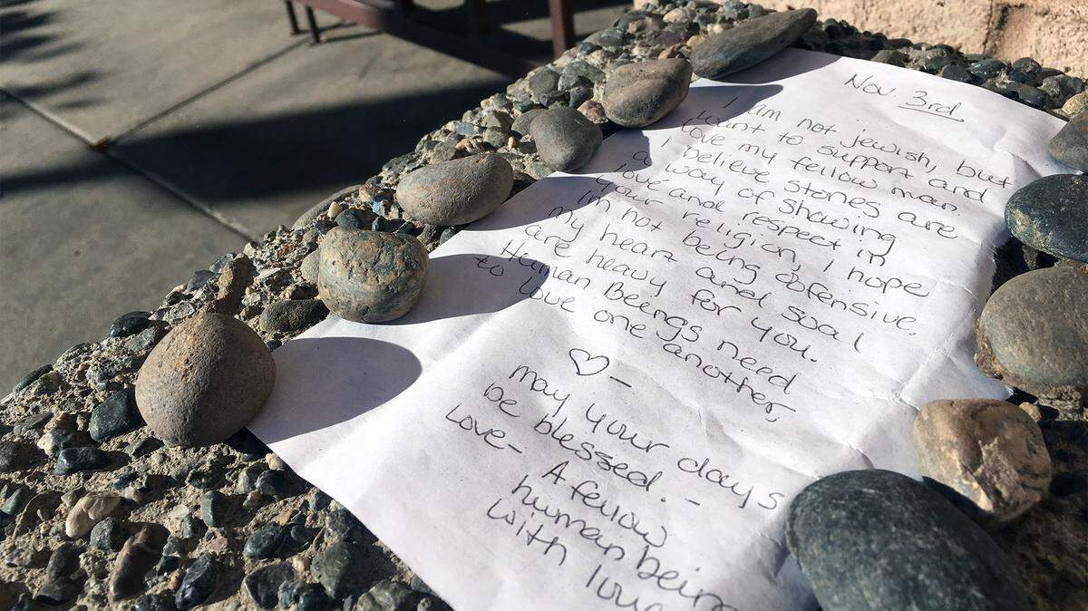 A note of support left anonymously on a bench at Congregation Beth Shalom on Sherwood Avenue in Modesto, Calif. is pictured Monday November 5, 2018.