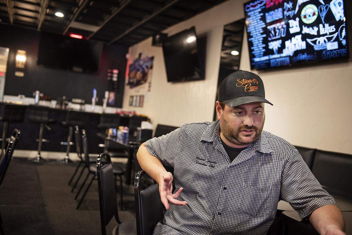 Co-owner Michael Gularte talks about his new restaurant Stuart’s Pizza on 10th Street in Modesto, Calif., on Tuesday, May 26, 2020.