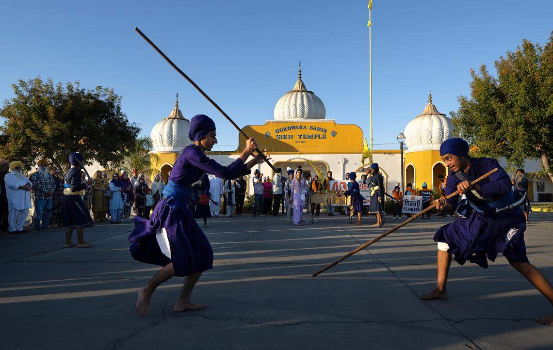 Members of the Gurdwara Sikh Temple perform Gatka, a Sikh martial art, at the temple in Ceres, Thursday, Oct. 24, 2024.