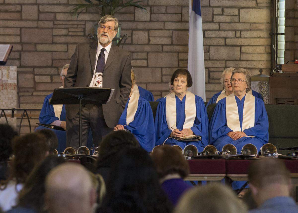 Pastor Bob Collins talks during the Easter service at Centenary Church in Modesto on Sunday, March 22, 2018.