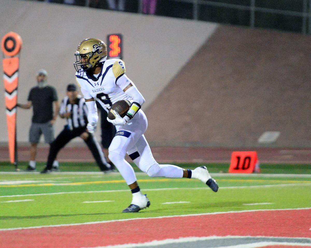 Central Catholic’s Scotty Hallmon (9) returns an interception during a game between Central Catholic High School and Patterson High School at Patterson High School in Patterson California on September 9, 2024. Central Catholic won the game 25-14
