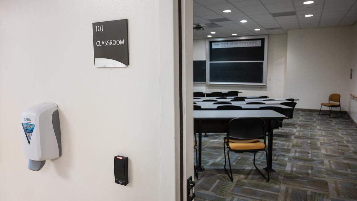 Hand sanitizer has been installed at entry points to every lecture hall and labs at California State University, Stanislaus in Turlock, Calif., on Friday, July 9, 2021.