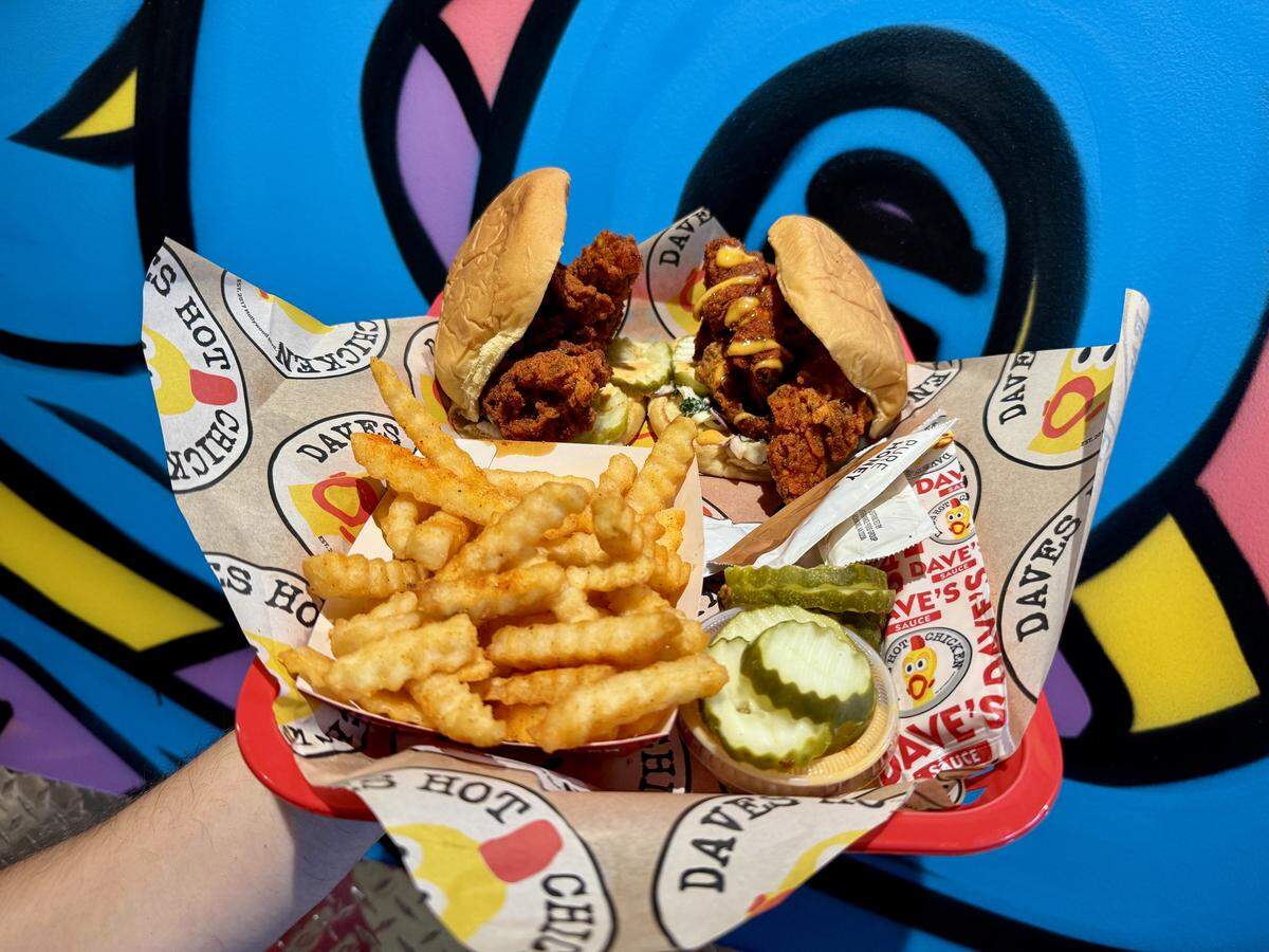 Dave’s Hot Chicken menu includes a combo with two sliders and fries for $14.99. Pictured in Turlock, Calif., Wednesday, Oct. 29, 2025.