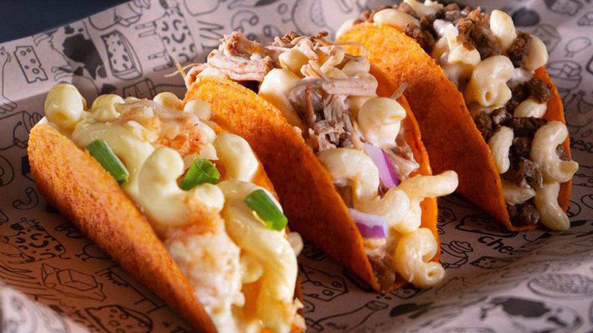 The mac and cheese tacos, the “Tacoroni,” at I Heart Mac & Cheese, a new national restaurant chain coming to Turlock, Calif.