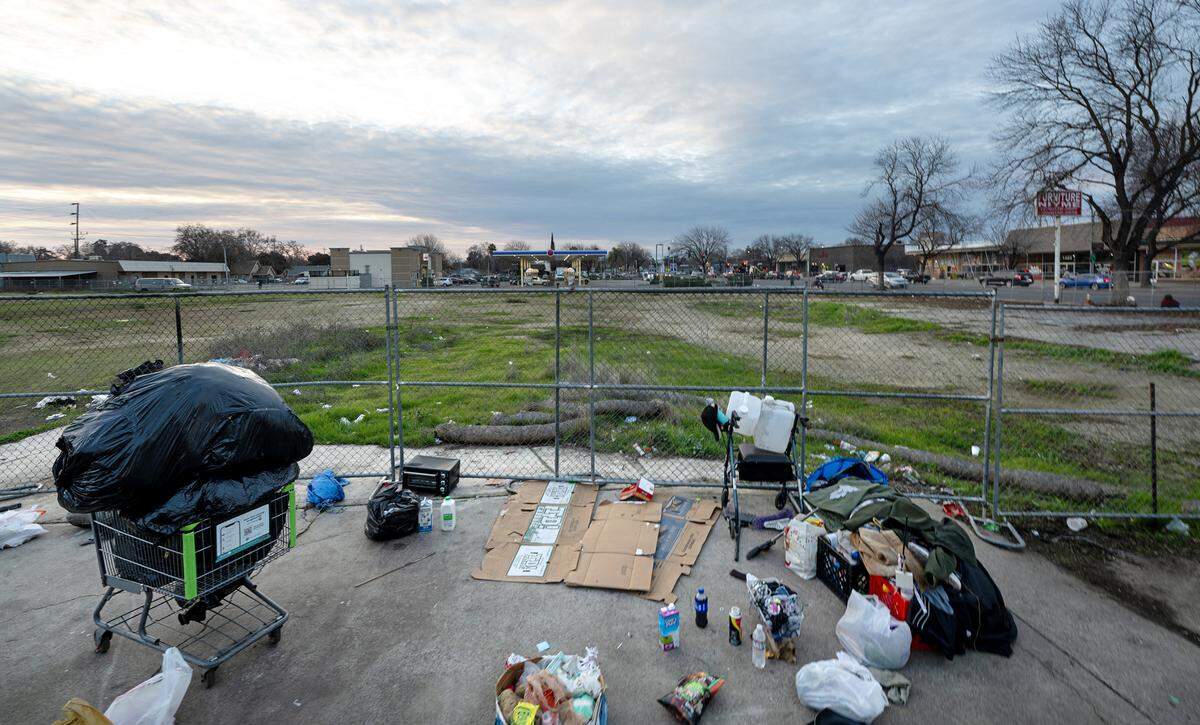A homeless camping site behind the Modesto Gospel Mission on Yosemite Boulevard in Modesto, Jan. 12, 2024.
