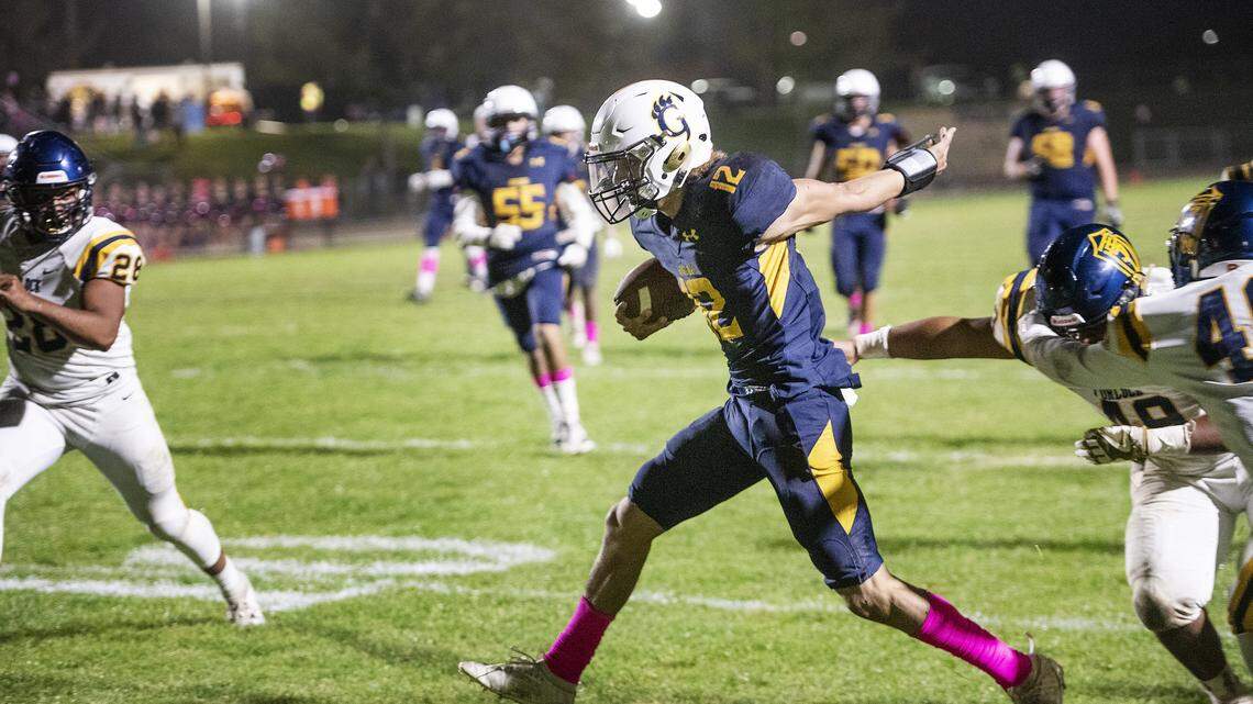 Gregori’s Baker Melendez runs for a second touchdown during the Central California Athletic League game with Turlock at Gregori High School in Salida, Calif., Friday, Oct. 25, 2019.