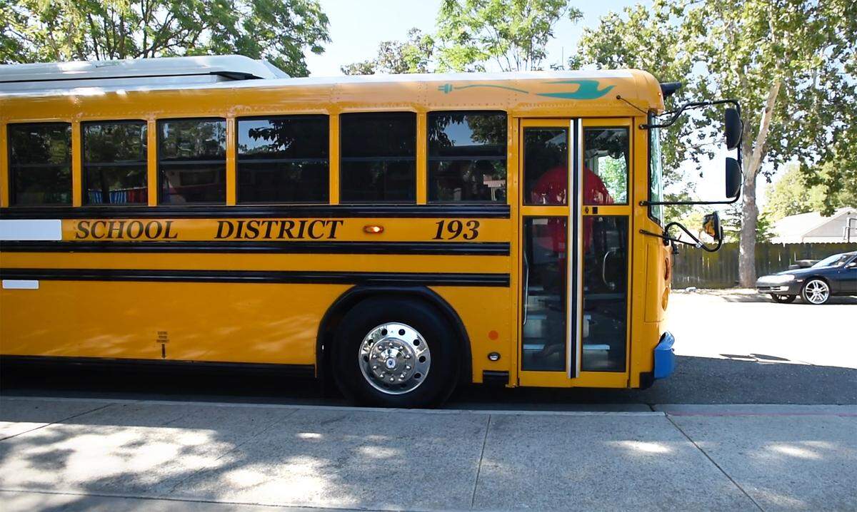 Modesto school leaders used an electric bus to give a tour of construction projects at eight elementary, middle and high schools in Modesto, Calif., on Monday, Aug. 2, 2021. 