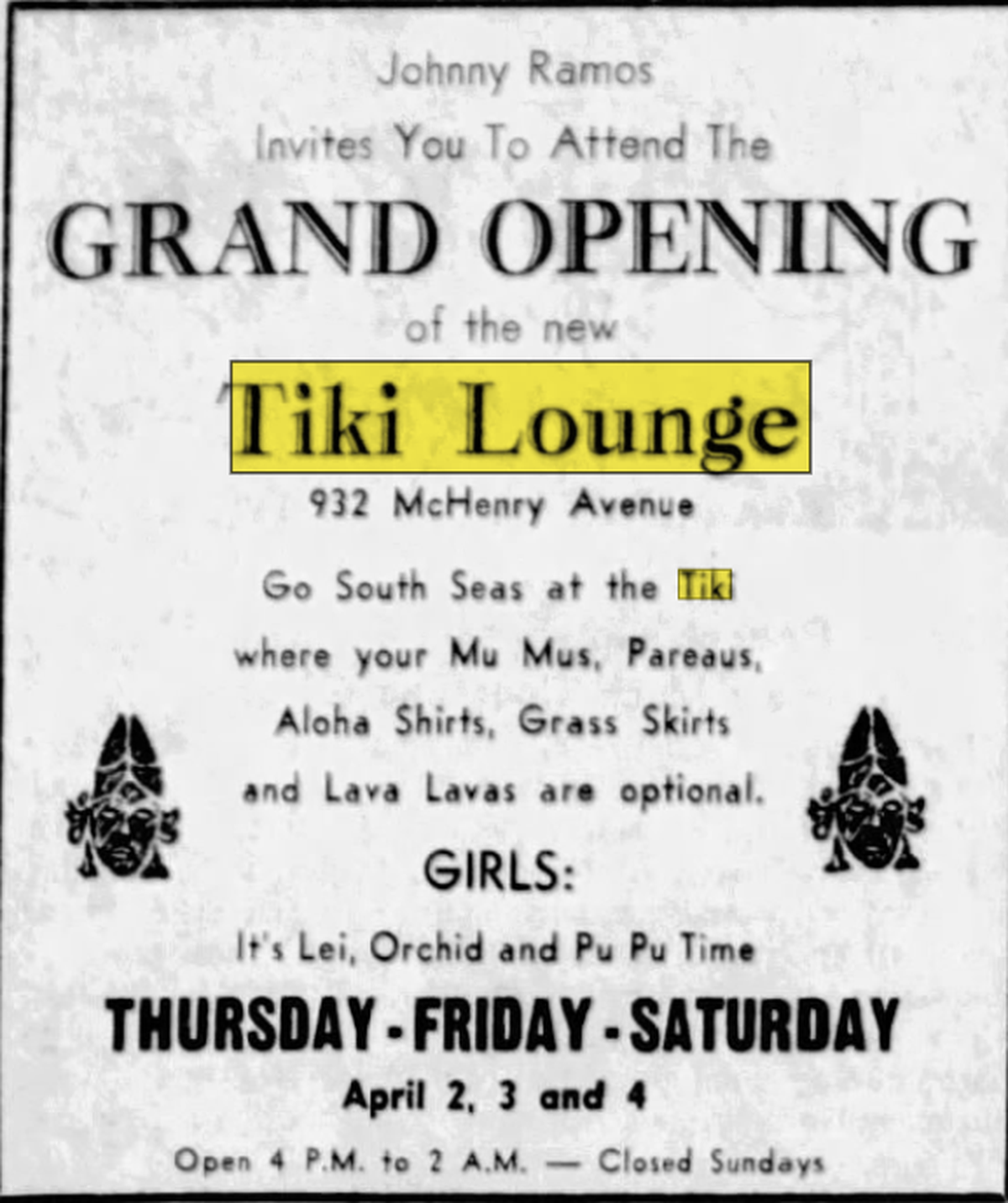 An advertisement in an April 1964 edition of The Modesto Bee for the grand opening of Tiki Lounge on McHenry Avenue.