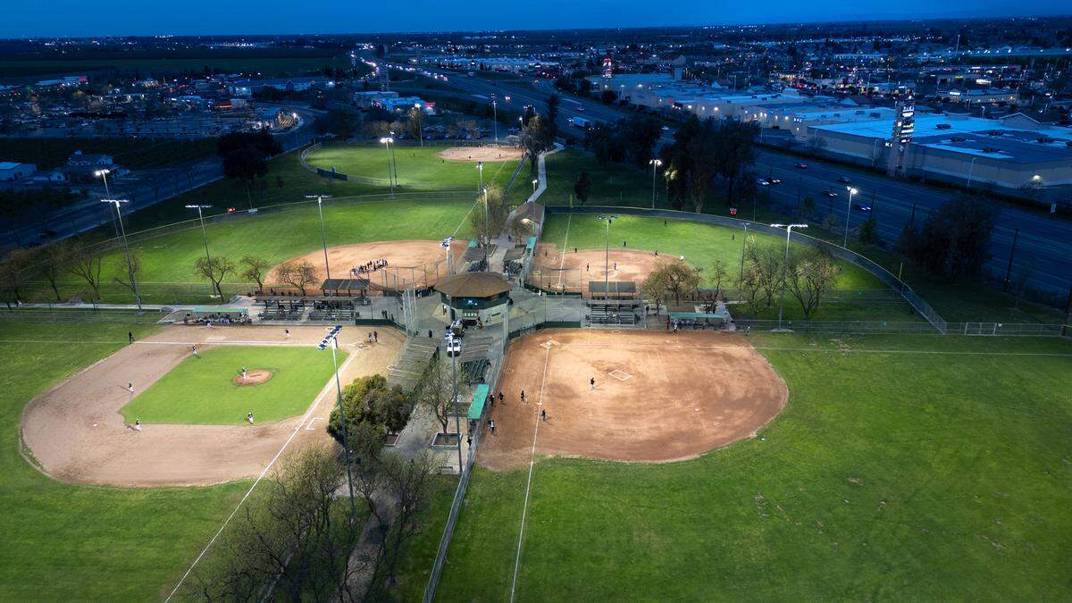 New LED lights brighten night games at Pedretti Park in Turlock, Calif., Thursday, March 28, 2024. The new LEDs are more than 50% brighter than the metal halide lighting installed in the early 1980s.