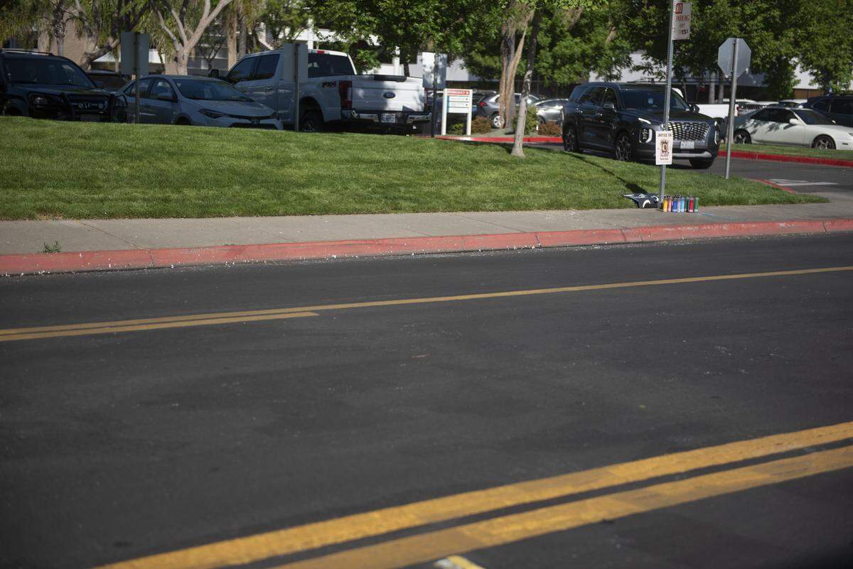 The area along Florida Avenue outside Doctors Medical Center in Modesto where protesters allegedly painted “ICE out” on the roadway during a demonstration Tuesday night, April 7, 2026. Police said two people were arrested.