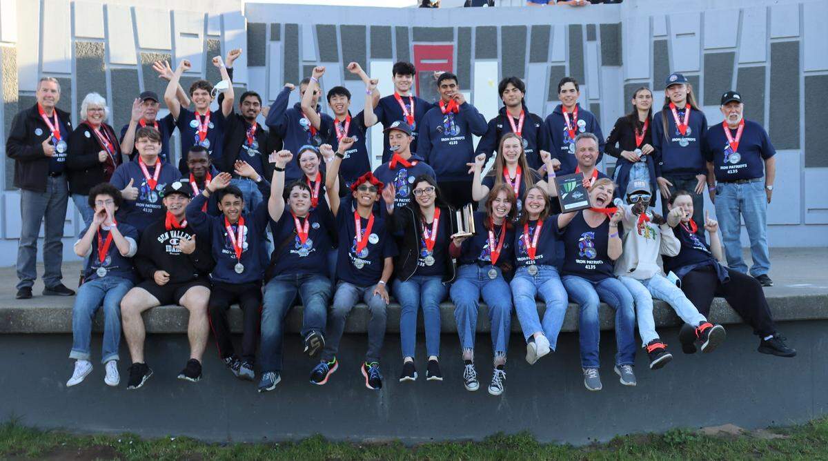 Students on Beyer High School’s Iron Patriots robotics team pose with medals for an award they won at a regional competition March 23-26 in Monterey Bay.