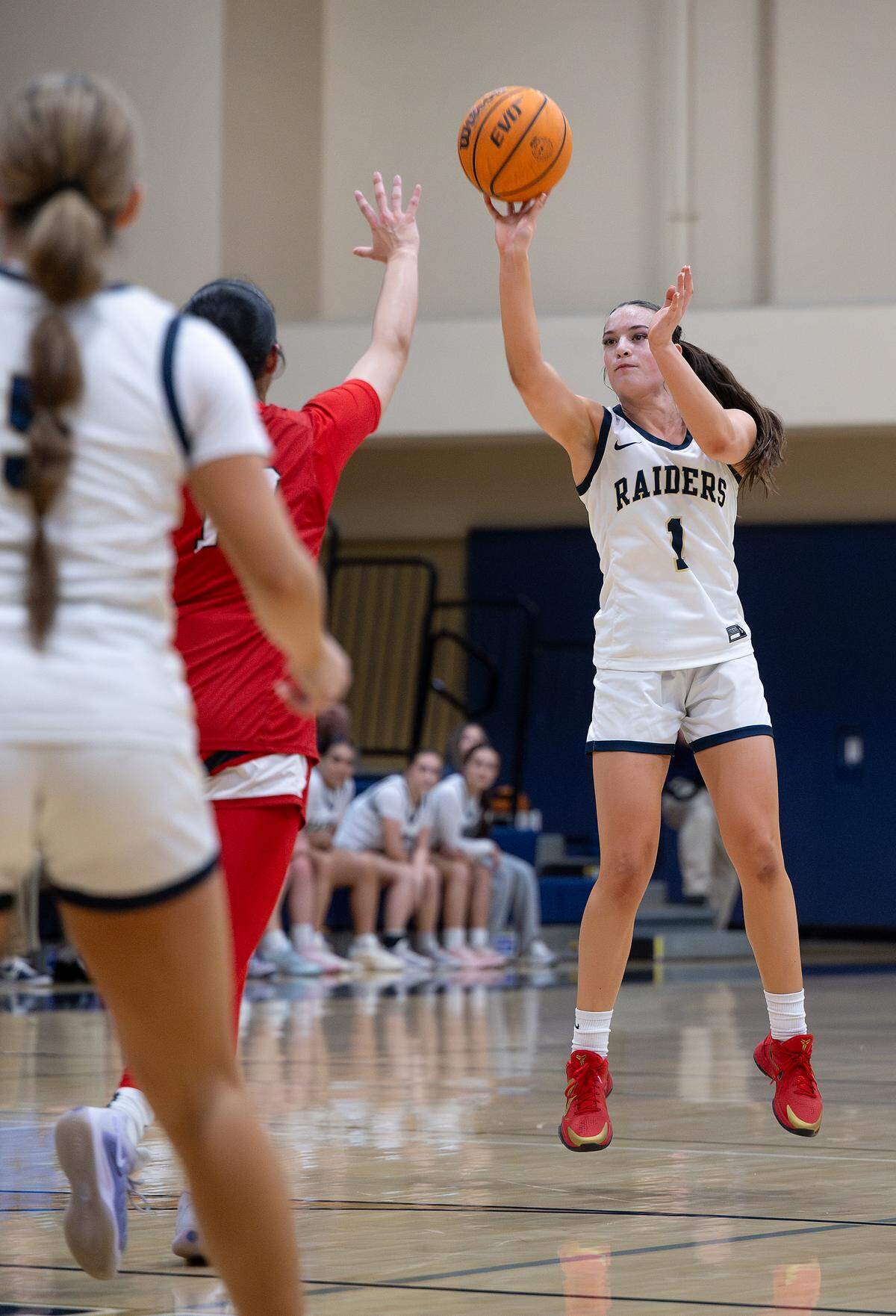 Central Catholic’s Ayla Parcon attempts a three-point basket during the D-IV Sac-Joaquin Section playoff game with Ripon at Central Catholic High School in Modesto on Tuesday, Feb. 17, 2026.