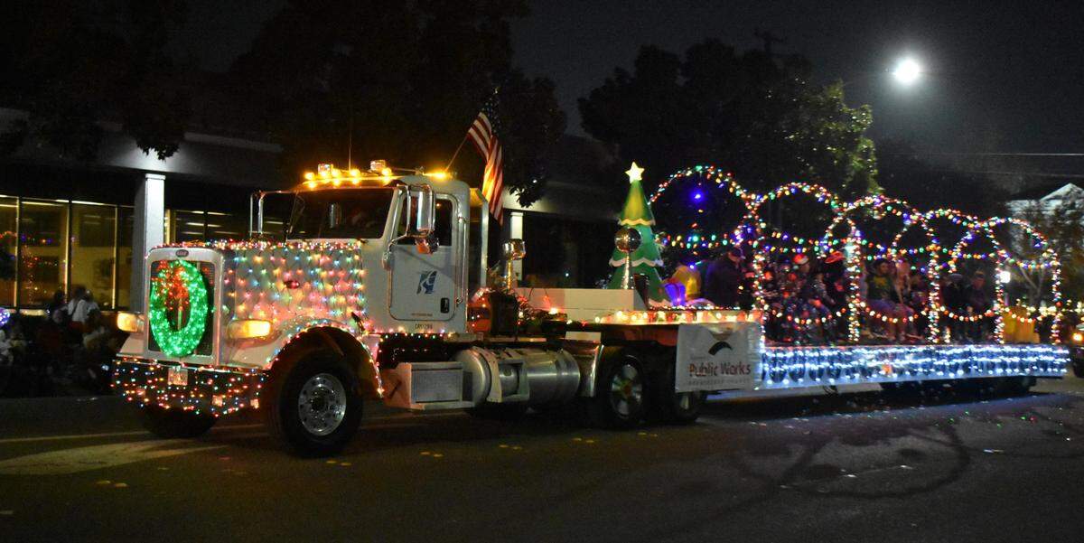 This Stanislaus County tractor-trailer was among scores of brightly lighted vehicles Saturday night, Dec. 7, 2024, in the Celebration of Lights Holiday Parade in downtown Modesto.
