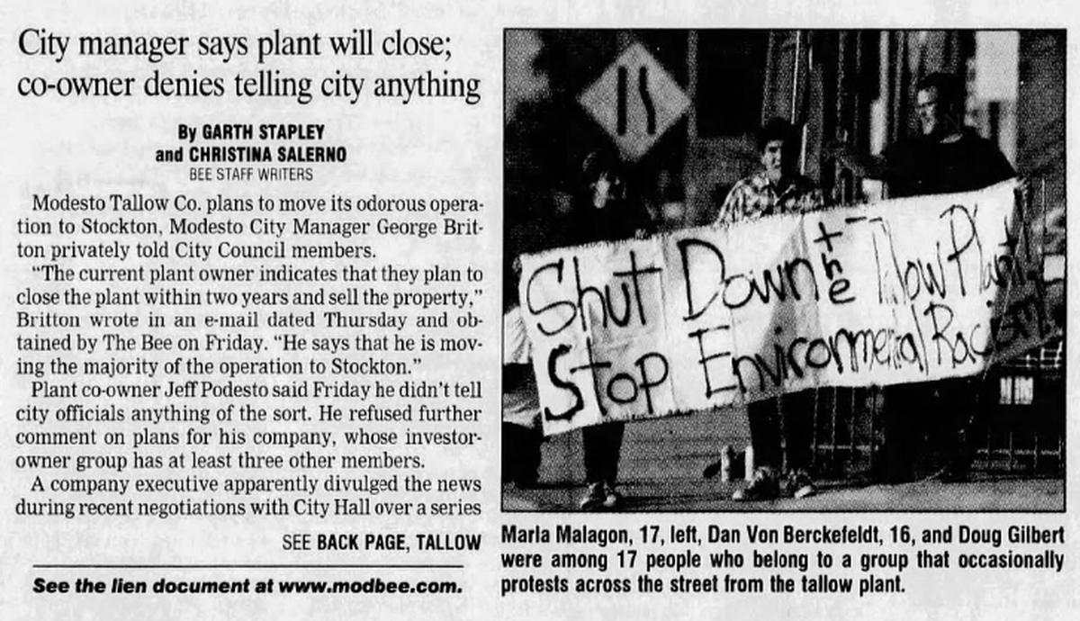 This is a newspaper clipping of a story published in The Modesto Bee in 2005. A photo shows protesters holding a sign that asks for the shutdown of the Modesto Tallow Company