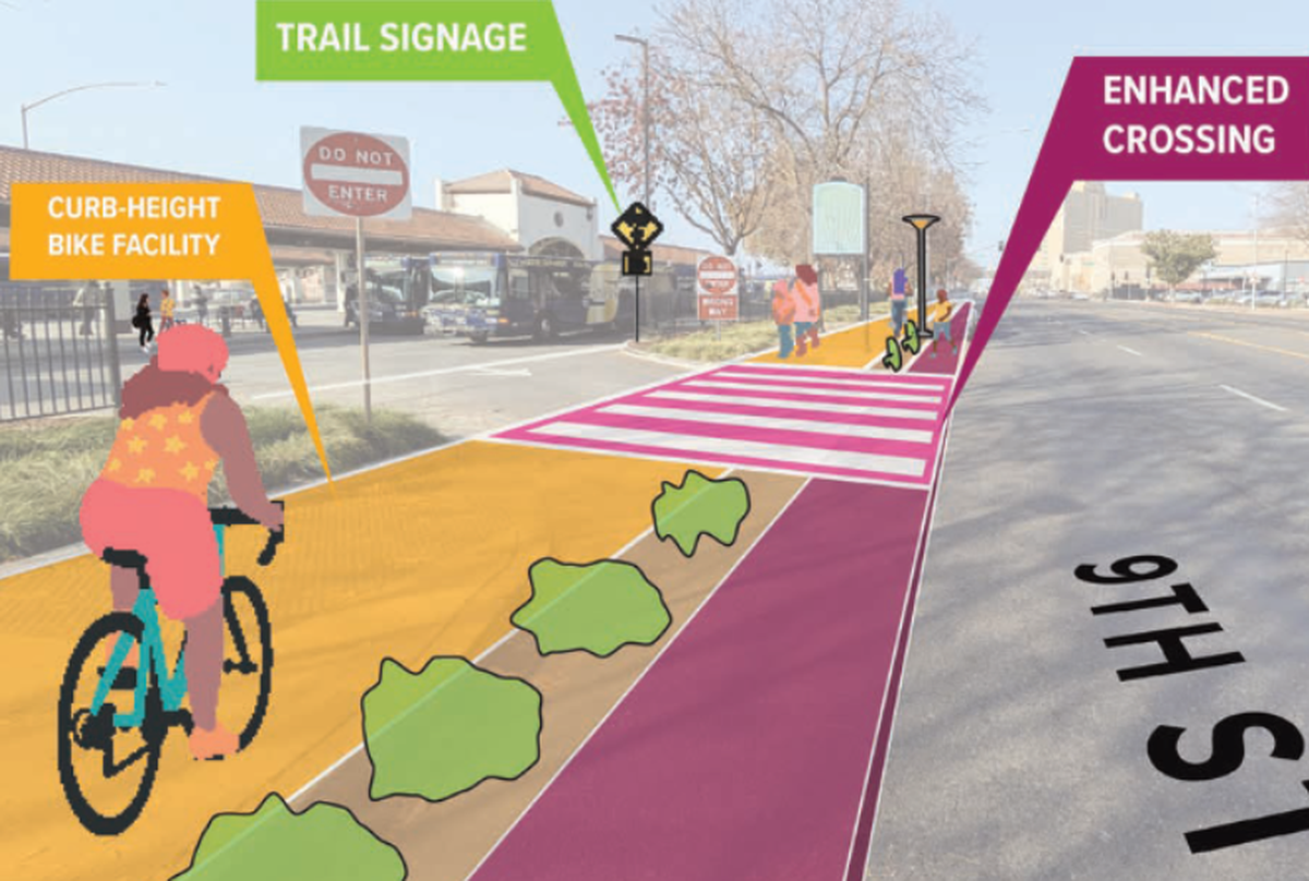A rendering of a section of the 9th Street bike path project from a presentation given to Modesto’s Safety and Communities Committee on June, 09, 2025.