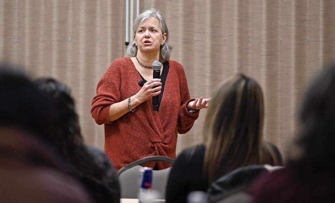 Debbie Riddle speaks during a stalking awareness training session for law enforcement at the Ceres Community Center in Ceres, Wednesday, Jan. 7, 2026. Riddle became an anti-stalking advocate soon after her sister Peggy Klinke was killed in Turlock in 2003.