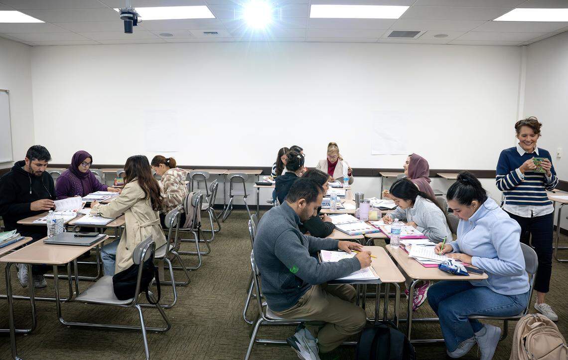 Nursing assistant students work on a group exercise during a English language class for at Modesto Junior College in Modesto, Wednesday, Nov. 26, 2025.