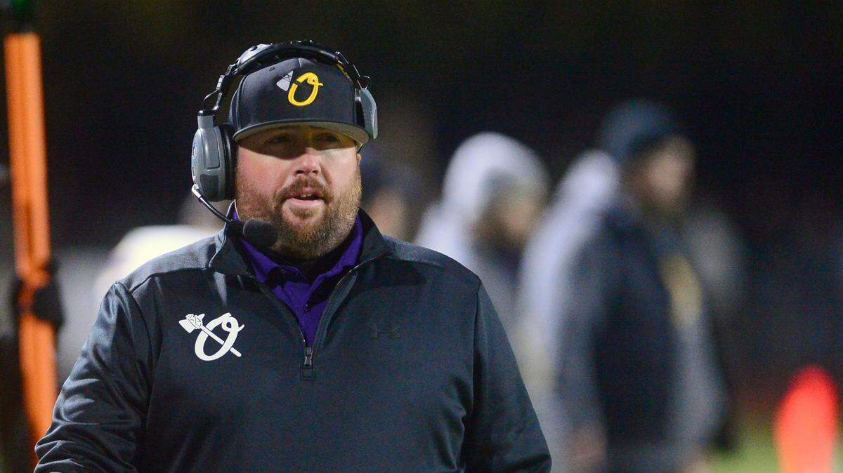 Orestimba head coach Aaron Souza walks the sideline during a Sac-Joaquin Section Division VI football playoff game between Hughson High School and Orestimba in Hughson on Nov. 18, 2022. Hughson won the game 21-17.