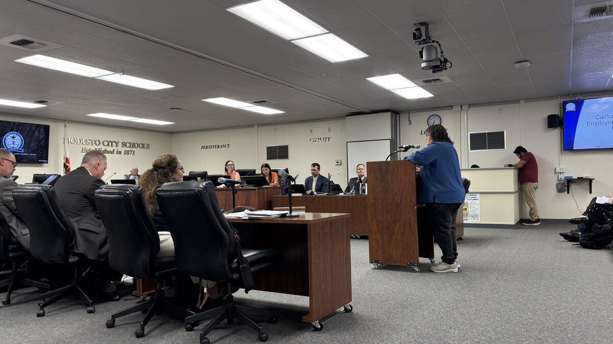 California School Employees Association Chapter 7 president Fawn Peterson speaks during public comment about how the layoffs affect the district’s classified staff on Monday, March 9, 2026.