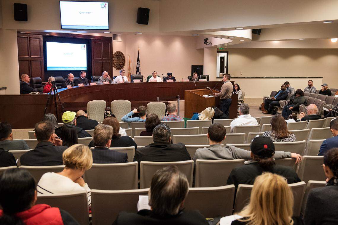 Council memebers listen to public comment during a special Modesto City Council meeting on cannabis dispensary permitting at Tenth Street Place in Modesto, Calif., Wednesday, Dec. 19, 2018.