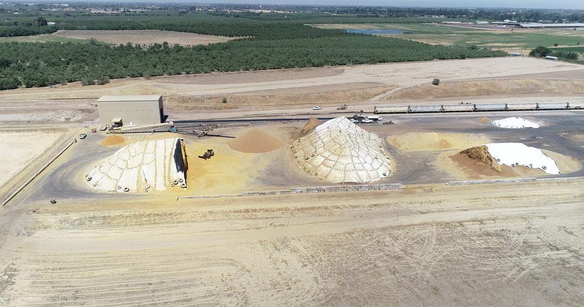 Sierra Northern Railway and Central Valley Ag Group are operating a grain transfer station east of Oakdale, Calif., on Thursday, July 8, 2021.