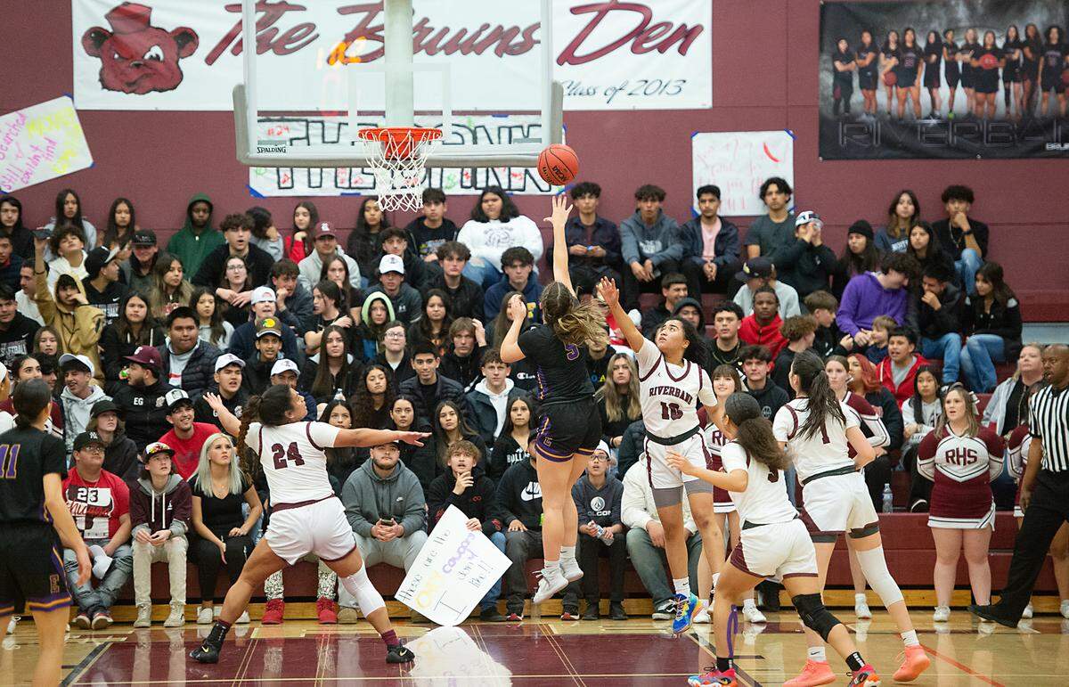 Escalon’s Macie Vickers shoots a jump shot during the Sac-Joaquin section semifinal playoff game in Riverbank, Calif., Tuesday, Feb. 21, 2023. The Riverbank won the game 58-41.