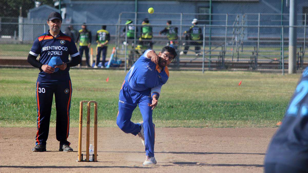 Anish Ranjan of the Modesto Maharanas delivers a ball toward a batsman during a match on June 8, 2025, at Ritter Family Ball Park in Tracy.