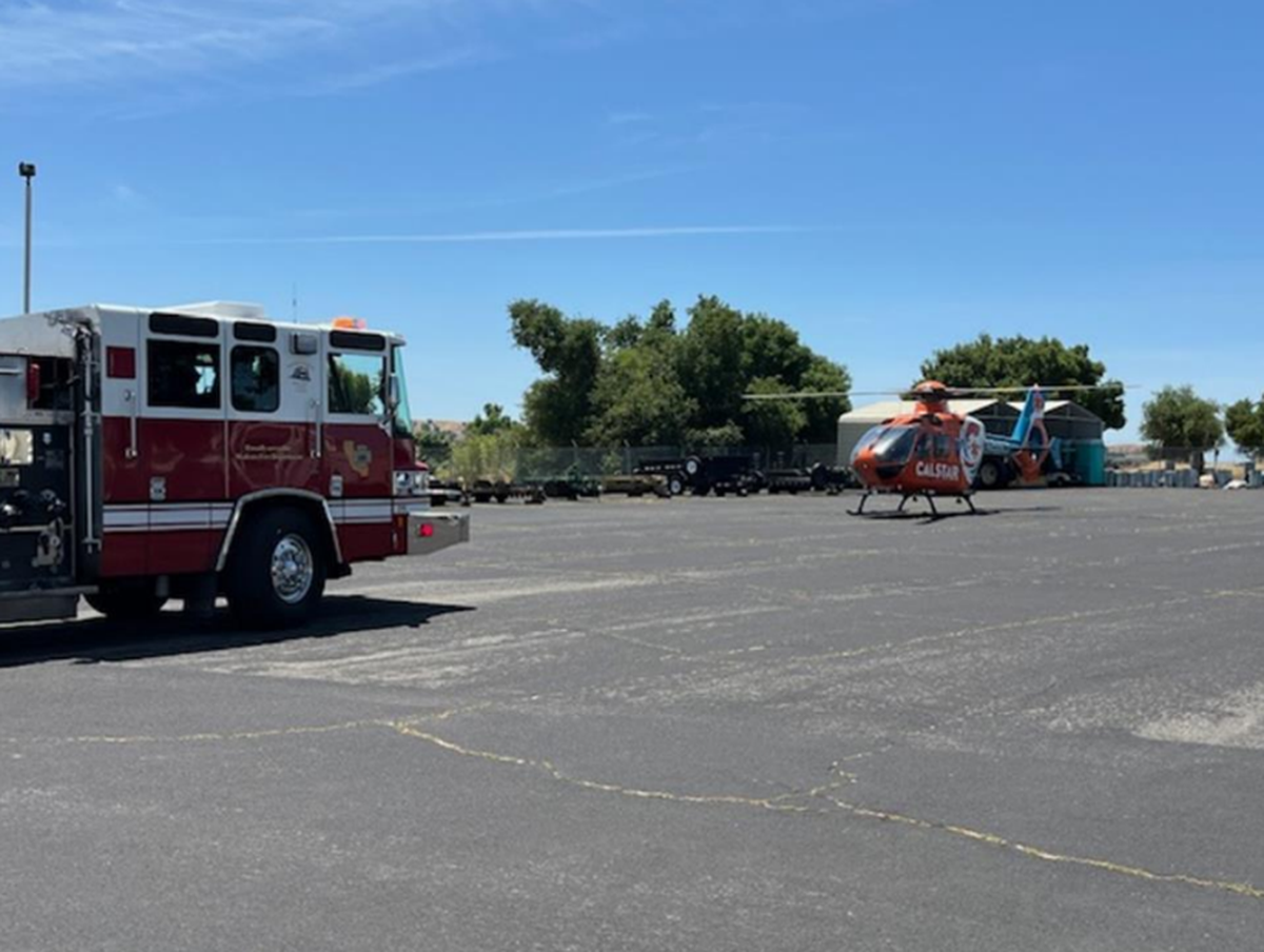 A CalStar air ambulance transports a person found in a chance encounter by water rescuers near Knights Ferry on Sunday, May 25, 2025.