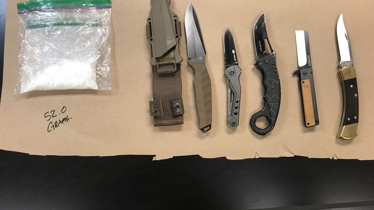 Five knives and 52 grams of methamphetamine were found on an Oakdale man during a Nov. 10 arrest. The man allegedly assaulted a Copperopolis resident before hiding in the closet at a neighbor’s house.