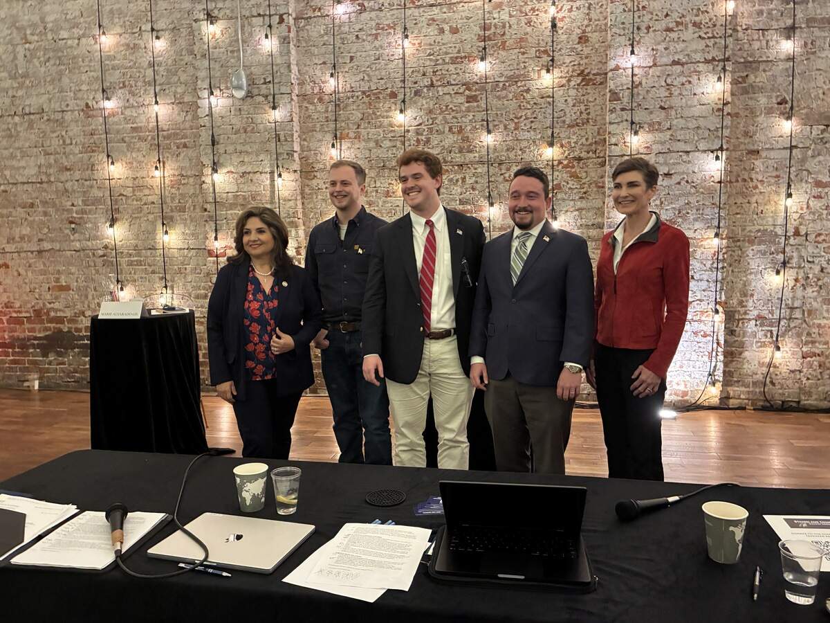 California Senator Marie Alvarado-Gil, Tuolumne County Supervisor Jaron Brandon, Stansilaus County Taxpayers Association Chairman Nick Dokoozlian, Maddy Institute Executive Director Blake Zante and candidate Alexandra Duarte stand in front of a brick wall at The Century
