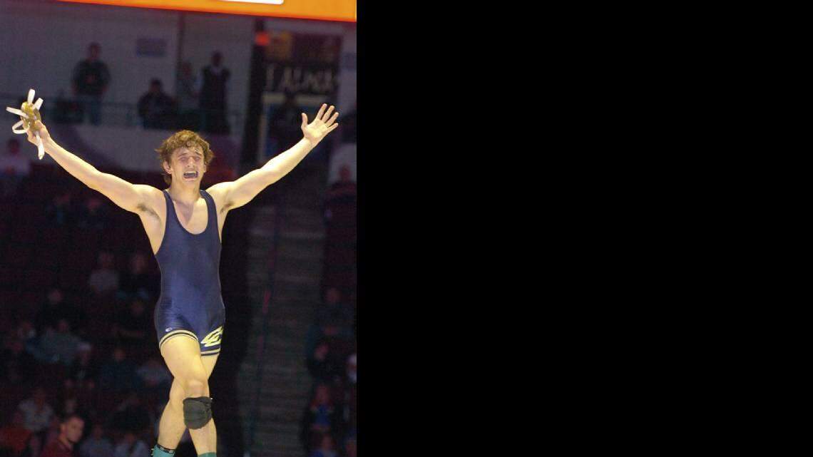 (John-Joel Griffiths/Los Banos Enterprise) - Central Catholic's David Ferry reacts after winning the 135-pound at the CIF State Wrestling Championships in Bakersfield, March 6, 2010.