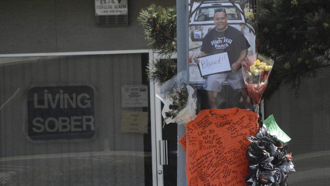 A memorial for Ray Galindo outside of Living Sober Fellowship on Woodland Avenue in Modesto, California on Friday, April 30, 2021. Galindo was struck and killed by an alleged drunk driver outside the building on Thursday, April 23, 2021.