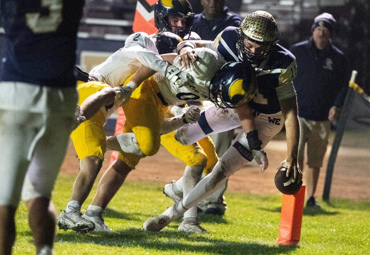 Central Catholic’s TP Wentworth reaches over the goal line for a touchdown during the Sac-Joaquin Section Division I semifinal playoff game with Oak Ridge at Central Catholic High School in Modesto, Calif., Friday Nov. 17, 2023. Oak Ridge won the game 31-14.