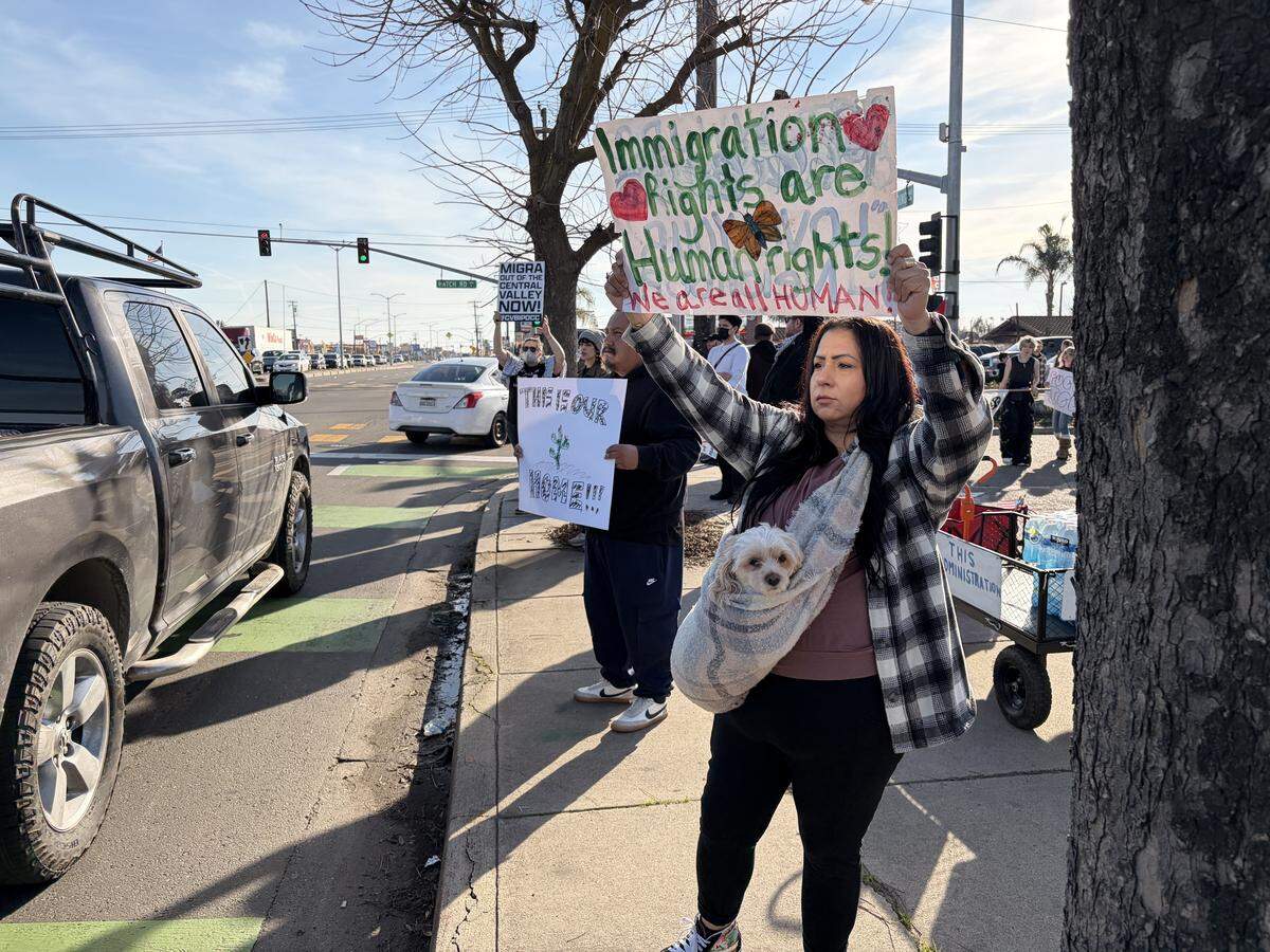 Protesters at the anti-ICE rally at the intersection of Hatch and Crows Landing roads in south Modesto on Saturday, Jan. 10, 2026.