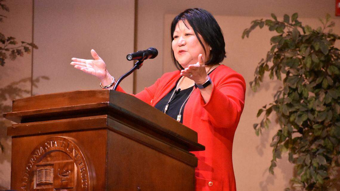 California State University, Stanislaus, President Ellen Junn acknowledges audience members at her Fall Welcome address at the Turlock campus on Monday, Aug. 19, 2019.