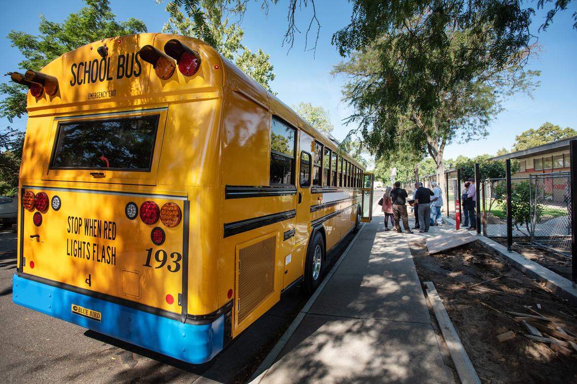 Modesto school leaders used an electric bus to give a tour of construction projects at eight elementary, middle and high schools in Modesto, Calif., on Monday, Aug. 2, 2021. 