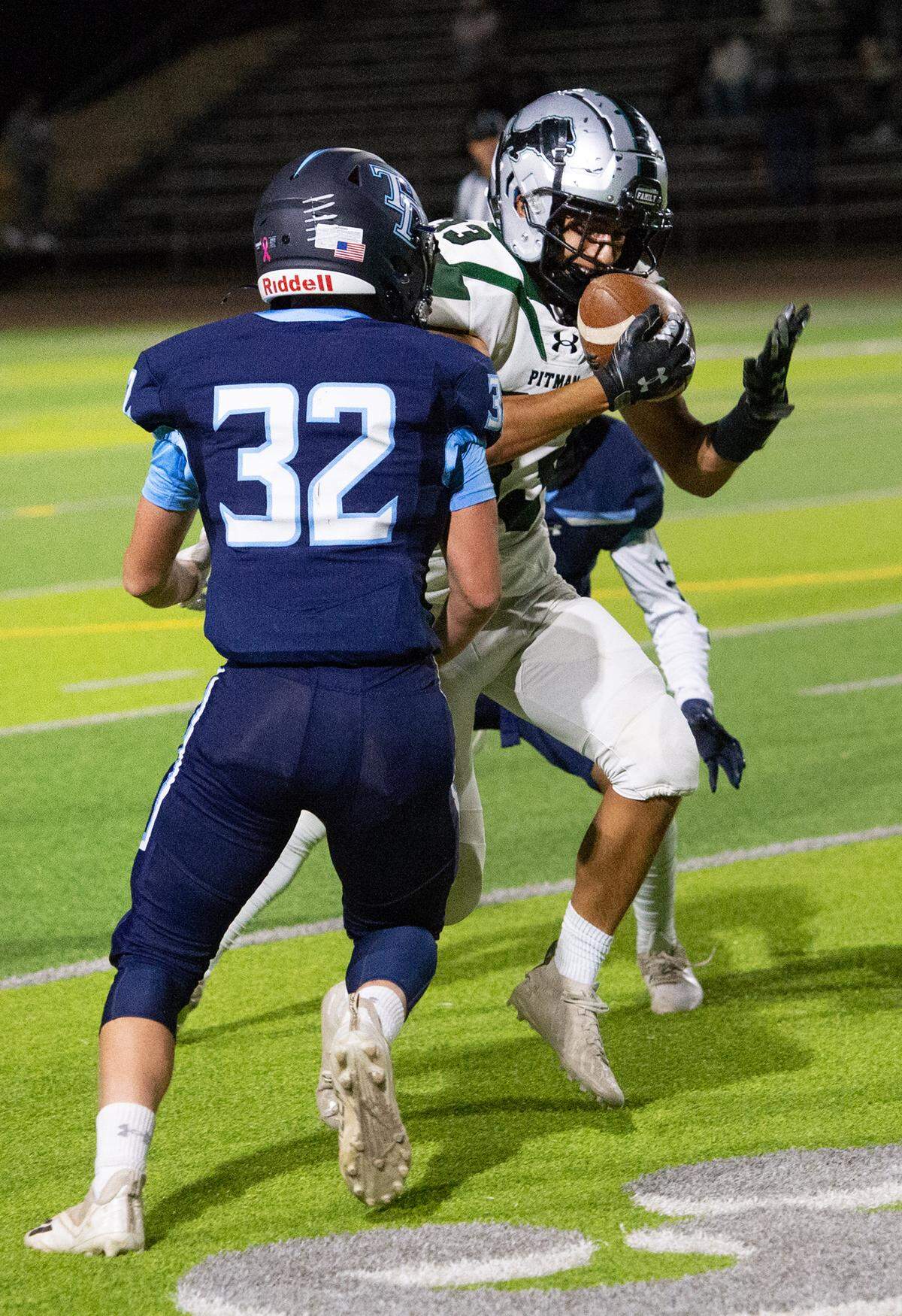 Pitman’s Daniel Aguilar makes a catch during the Central California Athletic League game with Downey at Downey High School in Modesto, Calif., Friday, Oct. 28, 2022.