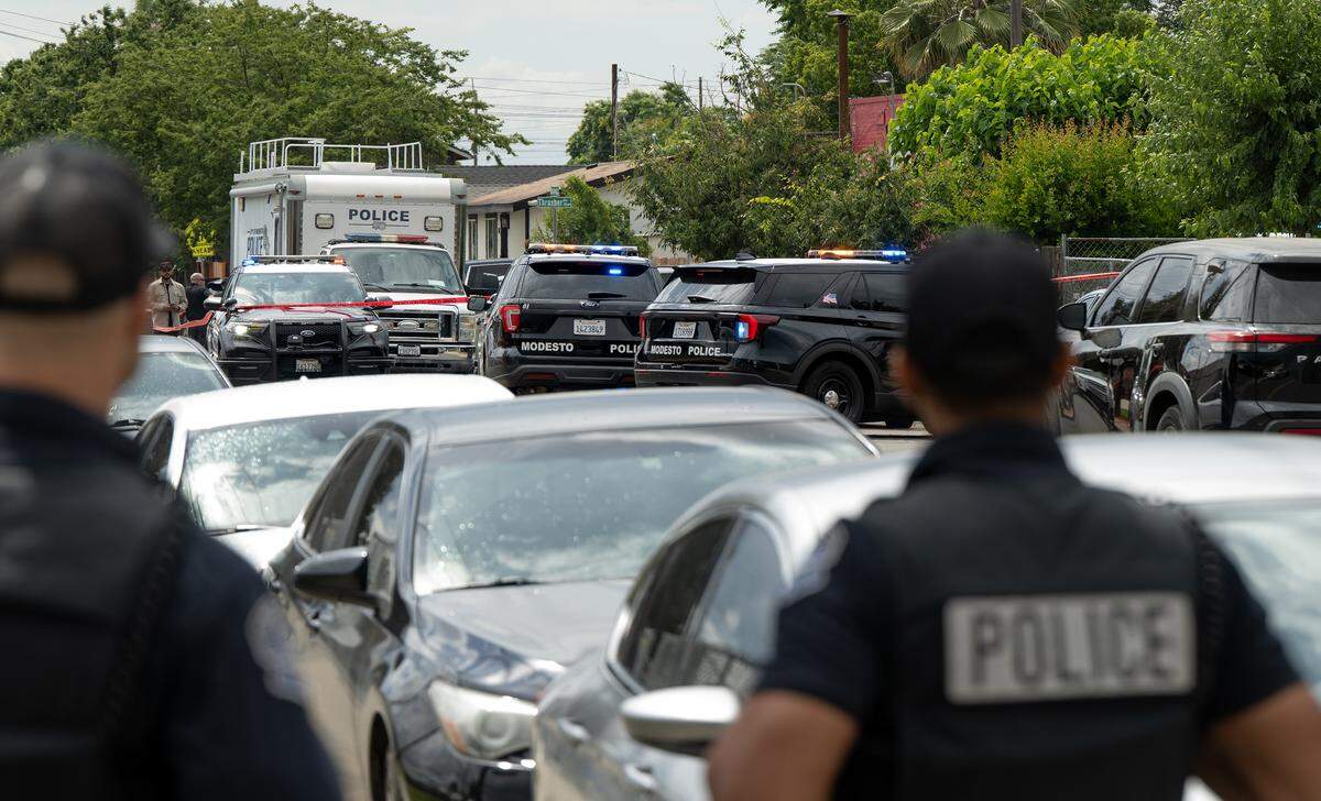 Modesto police investigate a triple homicide in Modesto, Thursday, May 28, 2026.